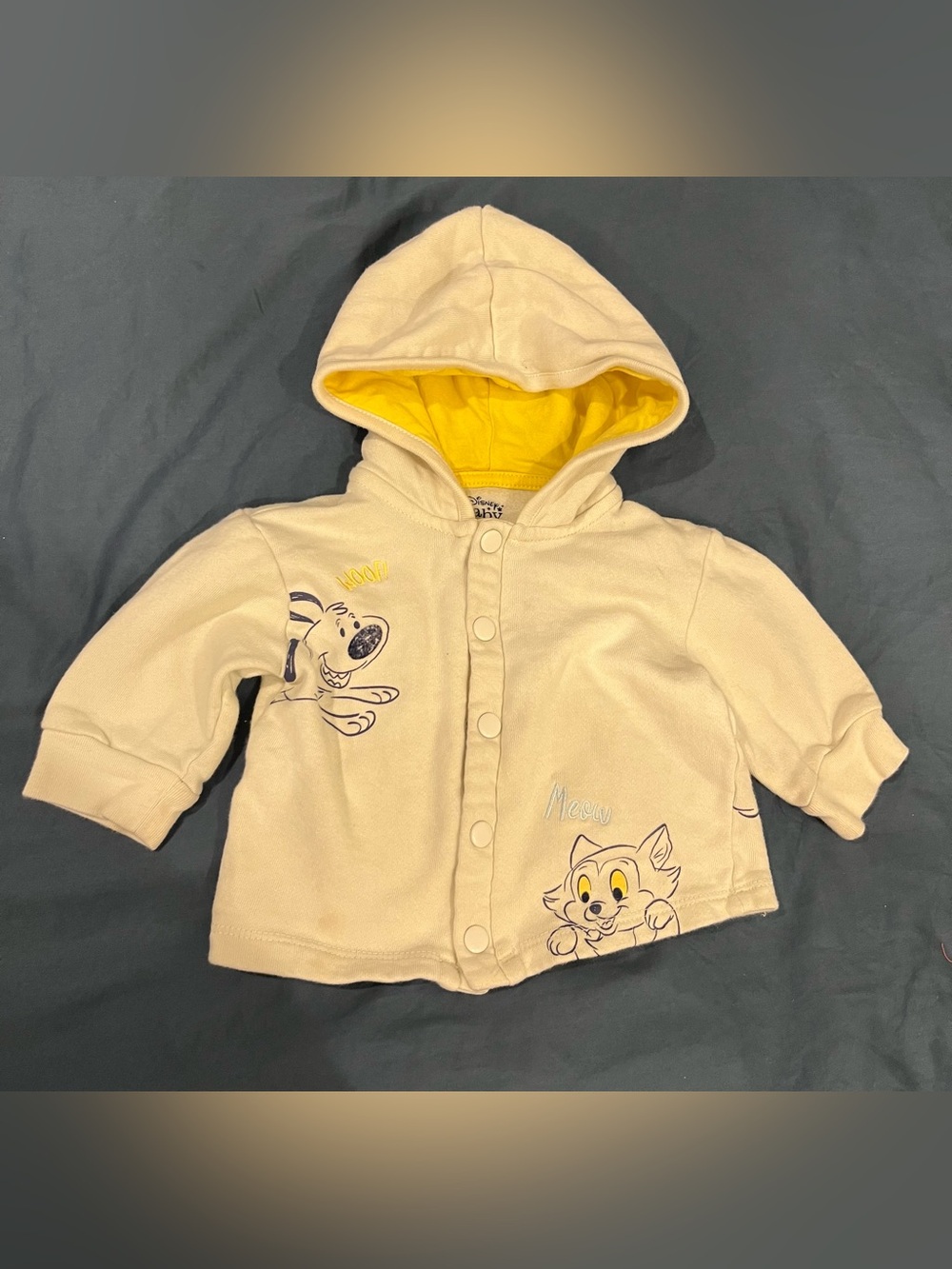 Disney Yellow Hooded Baby Jacket Character Prints Sayings Snap Front 6-9 Months